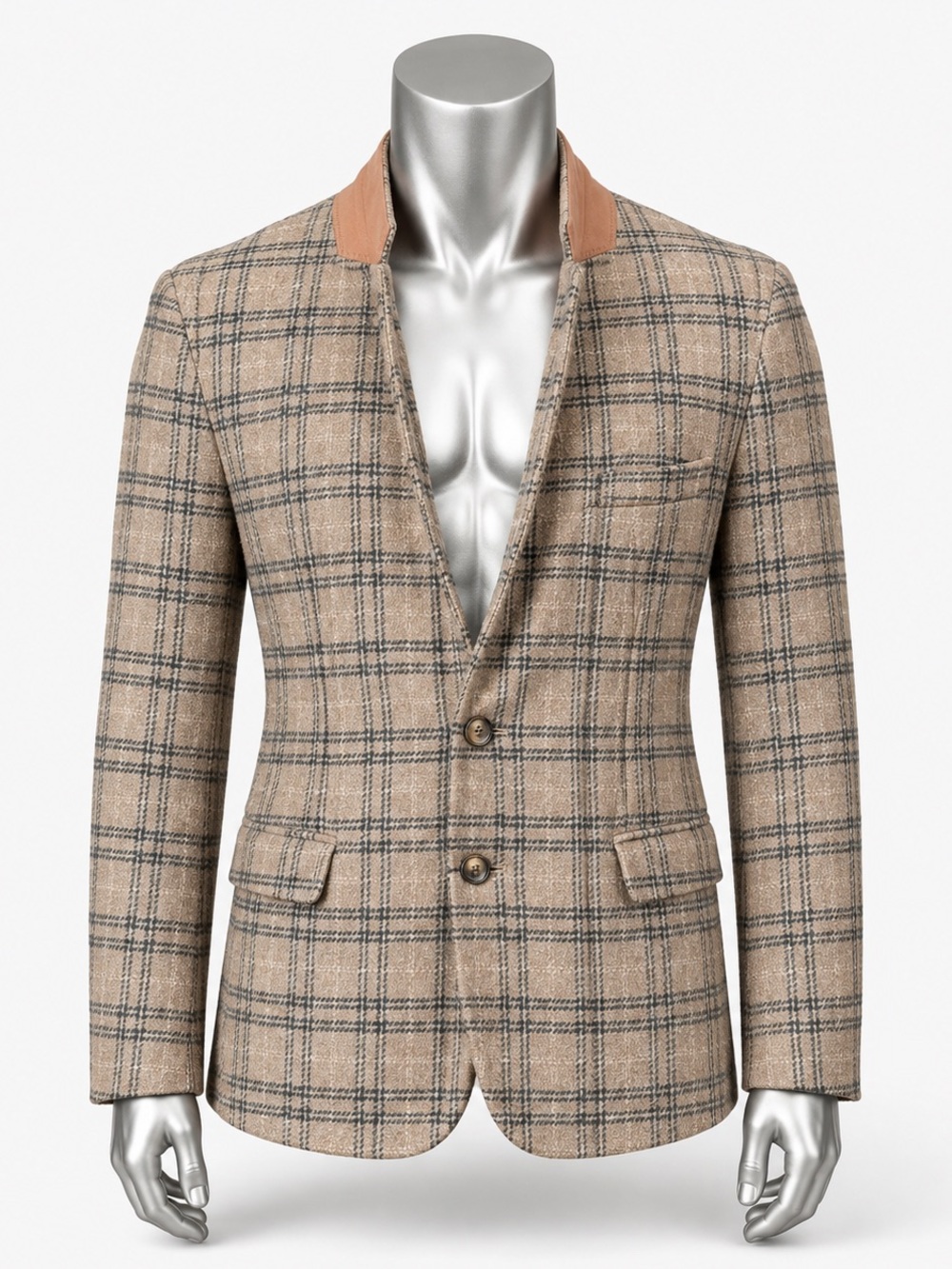 ASOS Beige Plaid Sport Coat with Black Windowpane and Tan Collar